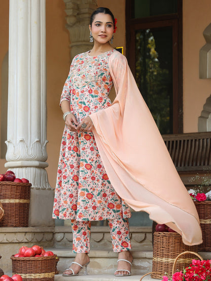 Peach Pure Cotton Floral Printed Yoke Embroidered Anarkali Kurta Set