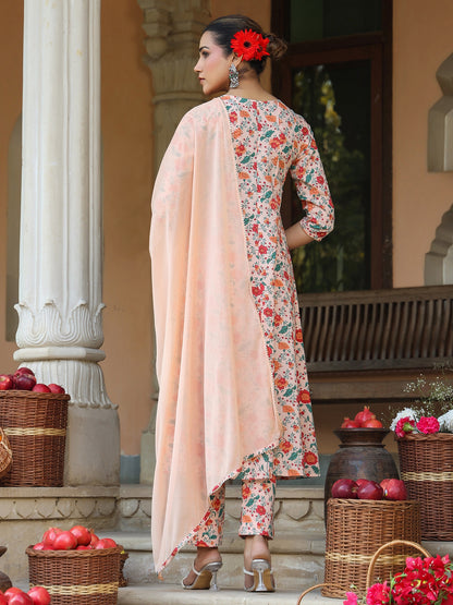 Peach Pure Cotton Floral Printed Yoke Embroidered Anarkali Kurta Set
