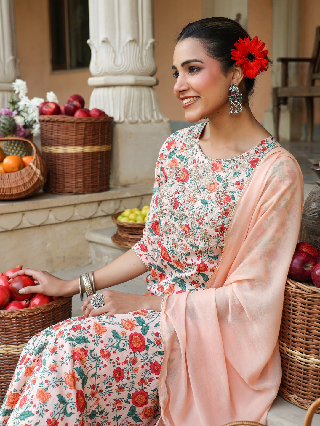 Peach Pure Cotton Floral Printed Yoke Embroidered Anarkali Kurta Set