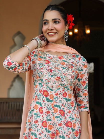 Peach Pure Cotton Floral Printed Yoke Embroidered Anarkali Kurta Set