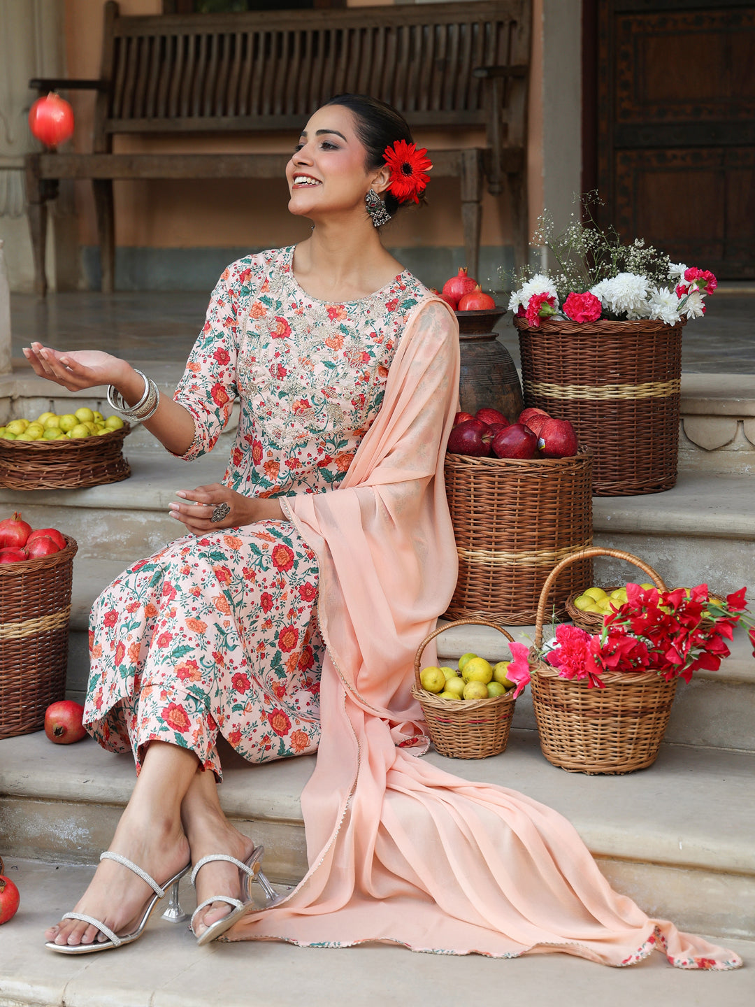 Peach Pure Cotton Floral Printed Yoke Embroidered Anarkali Kurta Set