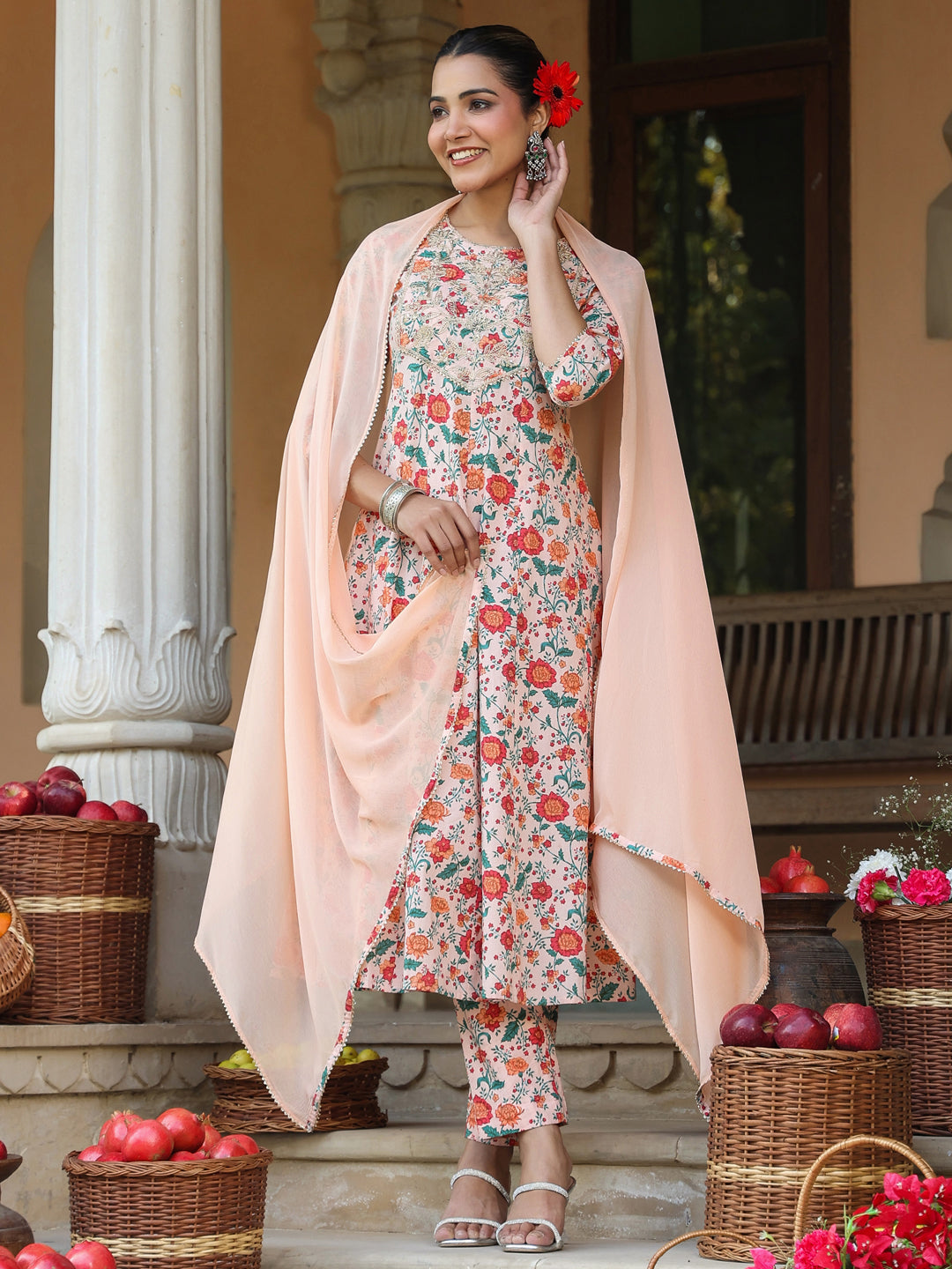 Peach Pure Cotton Floral Printed Yoke Embroidered Anarkali Kurta Set
