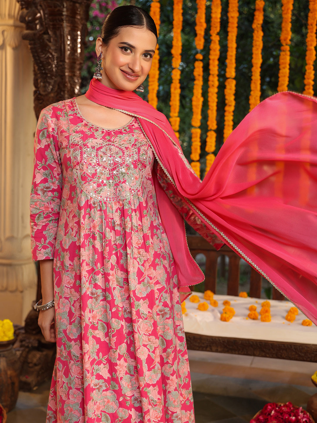 Janasya Women's Pink Pure Cotton Yoke Embroidered Floral Printed A-line Kurta Set