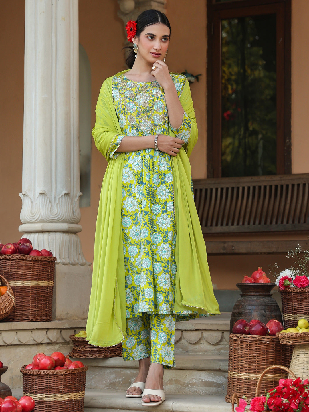 Lime Green Pure Cotton Floral Printed Yoke Design A-line Kurta Set