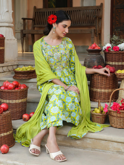 Lime Green Pure Cotton Floral Printed Yoke Design A-line Kurta Set