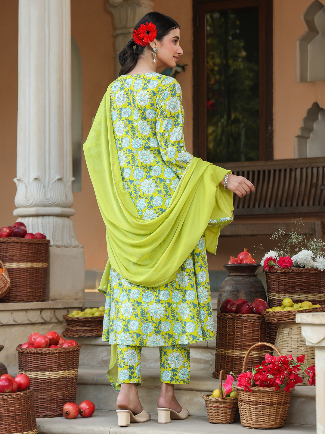 Lime Green Pure Cotton Floral Printed Yoke Design A-line Kurta Set