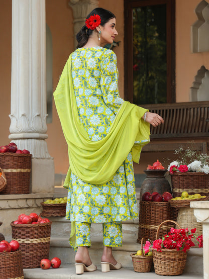 Lime Green Pure Cotton Floral Printed Yoke Design A-line Kurta Set