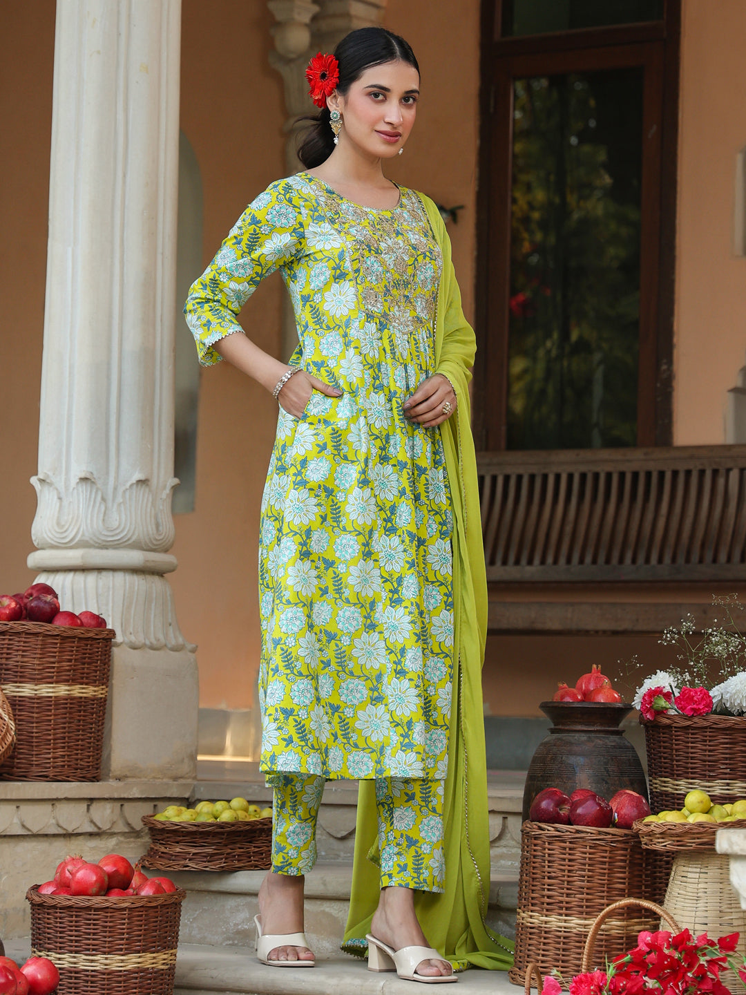 Lime Green Pure Cotton Floral Printed Yoke Design A-line Kurta Set