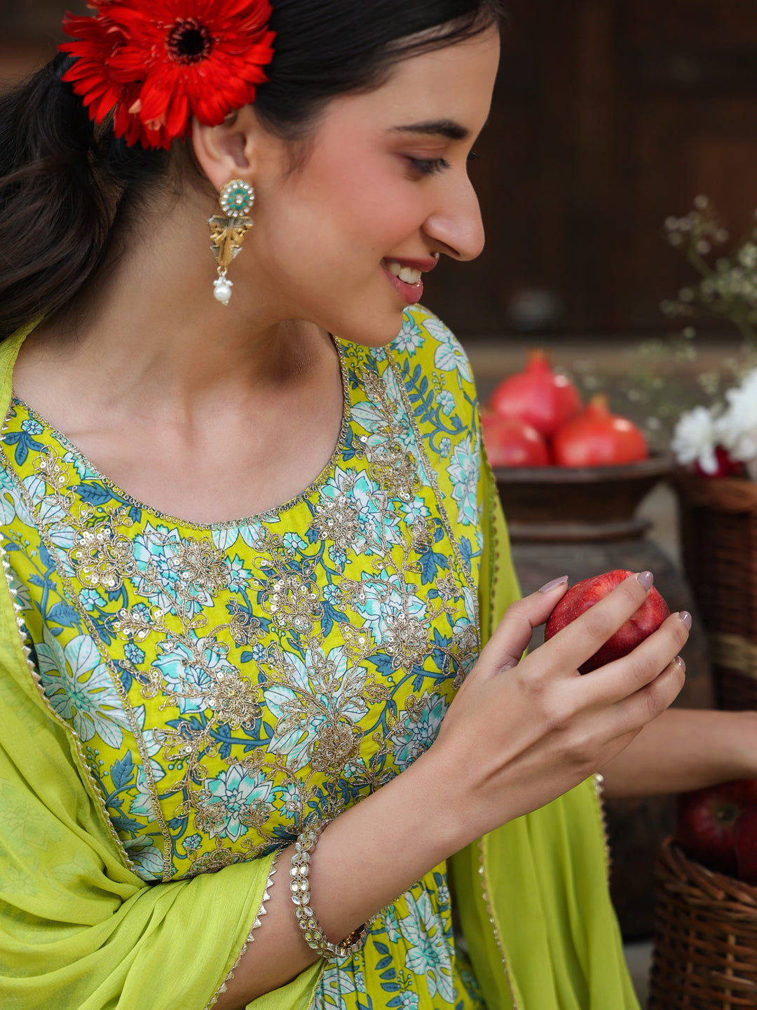 Lime Green Pure Cotton Floral Printed Yoke Design A-line Kurta Set