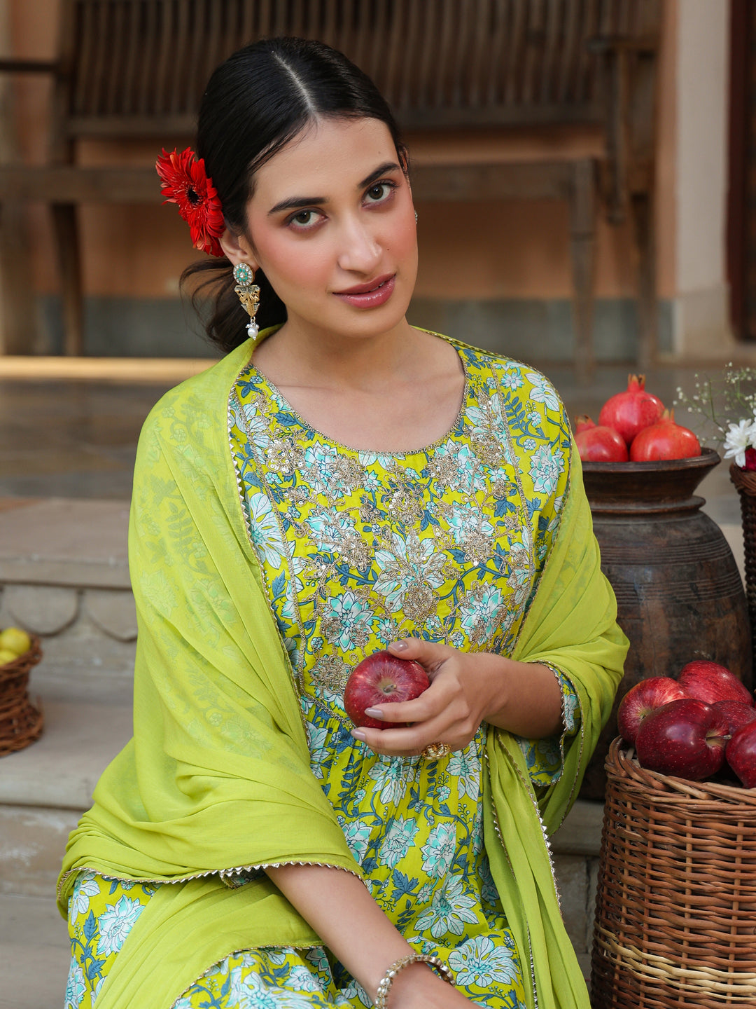 Lime Green Pure Cotton Floral Printed Yoke Design A-line Kurta Set