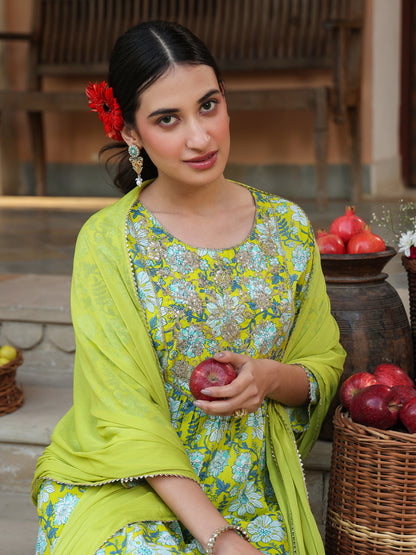 Lime Green Pure Cotton Floral Printed Yoke Design A-line Kurta Set