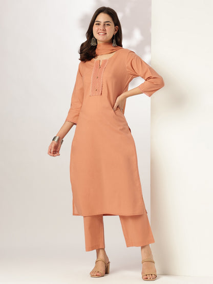Rust Pure Cotton Solid Straight Kurta Set