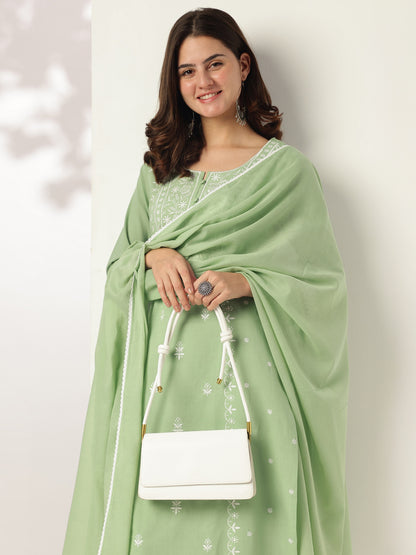 Janasya Women's Light Green Pure Cotton Embroidered Straight Kurta Set