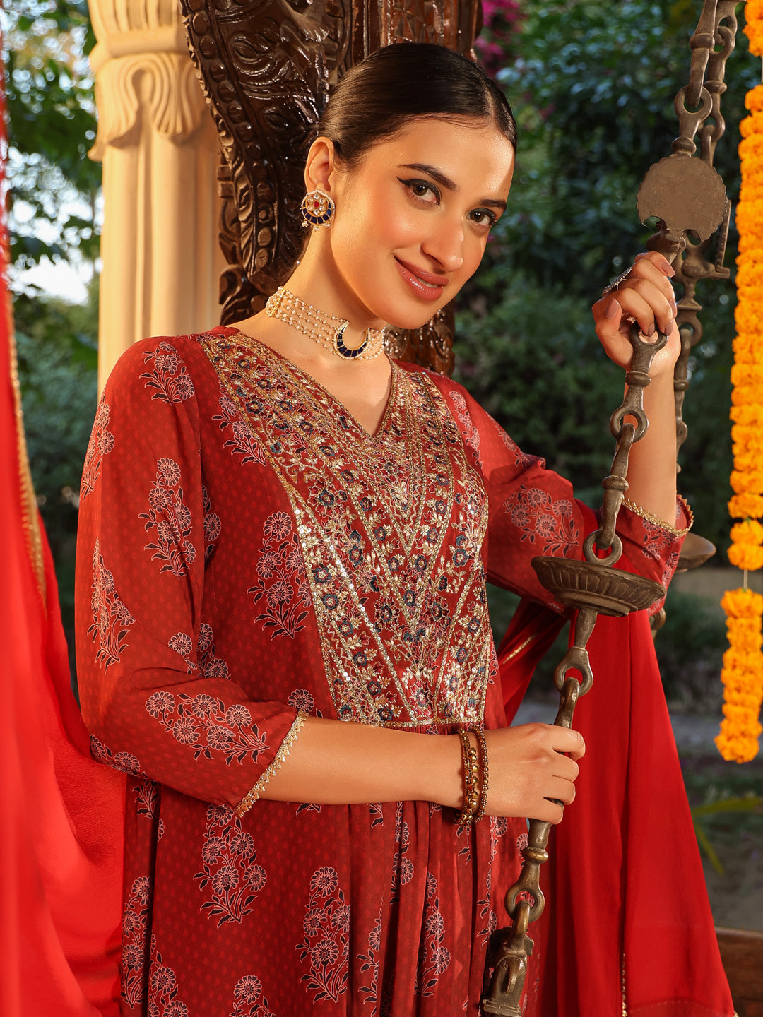 Janasya Women's Maroon Georgette Yoke Embroidered Ajrakh Printed A line Kurta Set