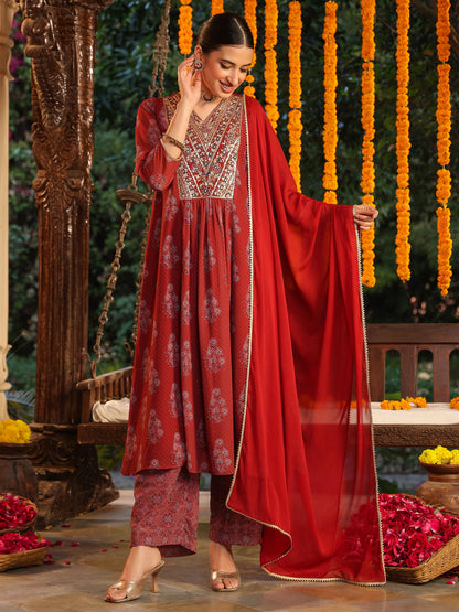 Janasya Women's Maroon Georgette Yoke Embroidered Ajrakh Printed A line Kurta Set