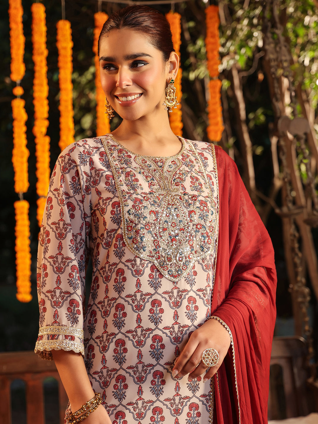 Janasya Women's Cream Georgette Yoke Zari Embroidered Ajarakh Printed Straight Kurta Set