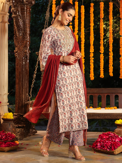 Janasya Women's Cream Georgette Yoke Zari Embroidered Ajarakh Printed Straight Kurta Set