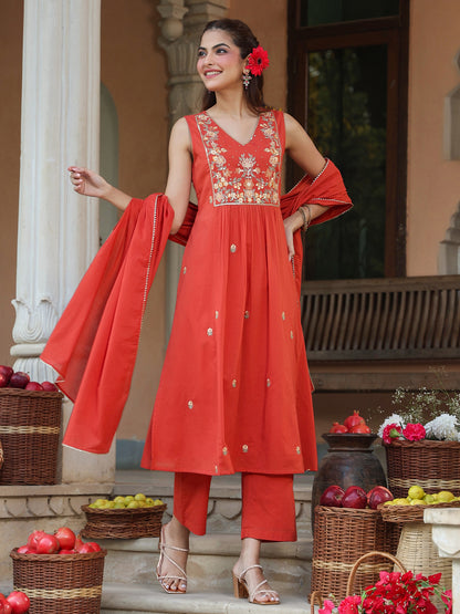 Janasya Women's Rust Pure Cotton Embroidered A-line Kurta Set