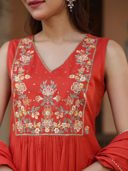 Janasya Women's Rust Pure Cotton Embroidered A-line Kurta Set