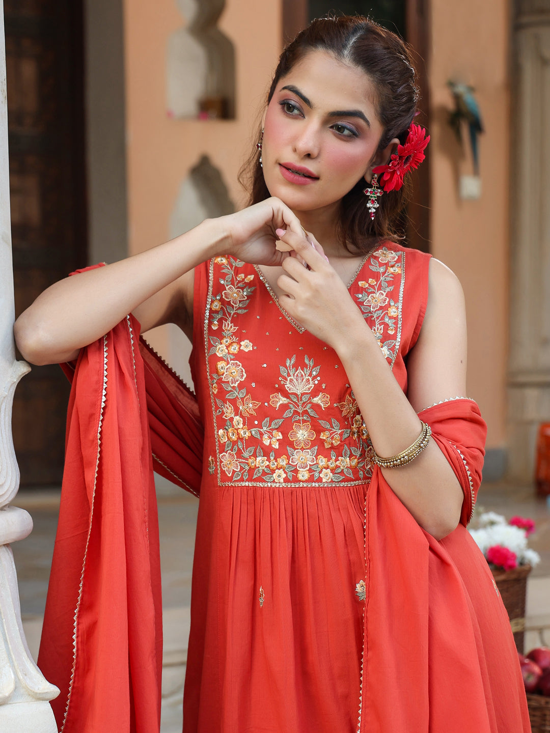 Janasya Women's Rust Pure Cotton Embroidered A-line Kurta Set