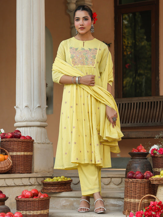 Janasya Women's Yellow Pure Cotton Embroidered A-line Kurta Set