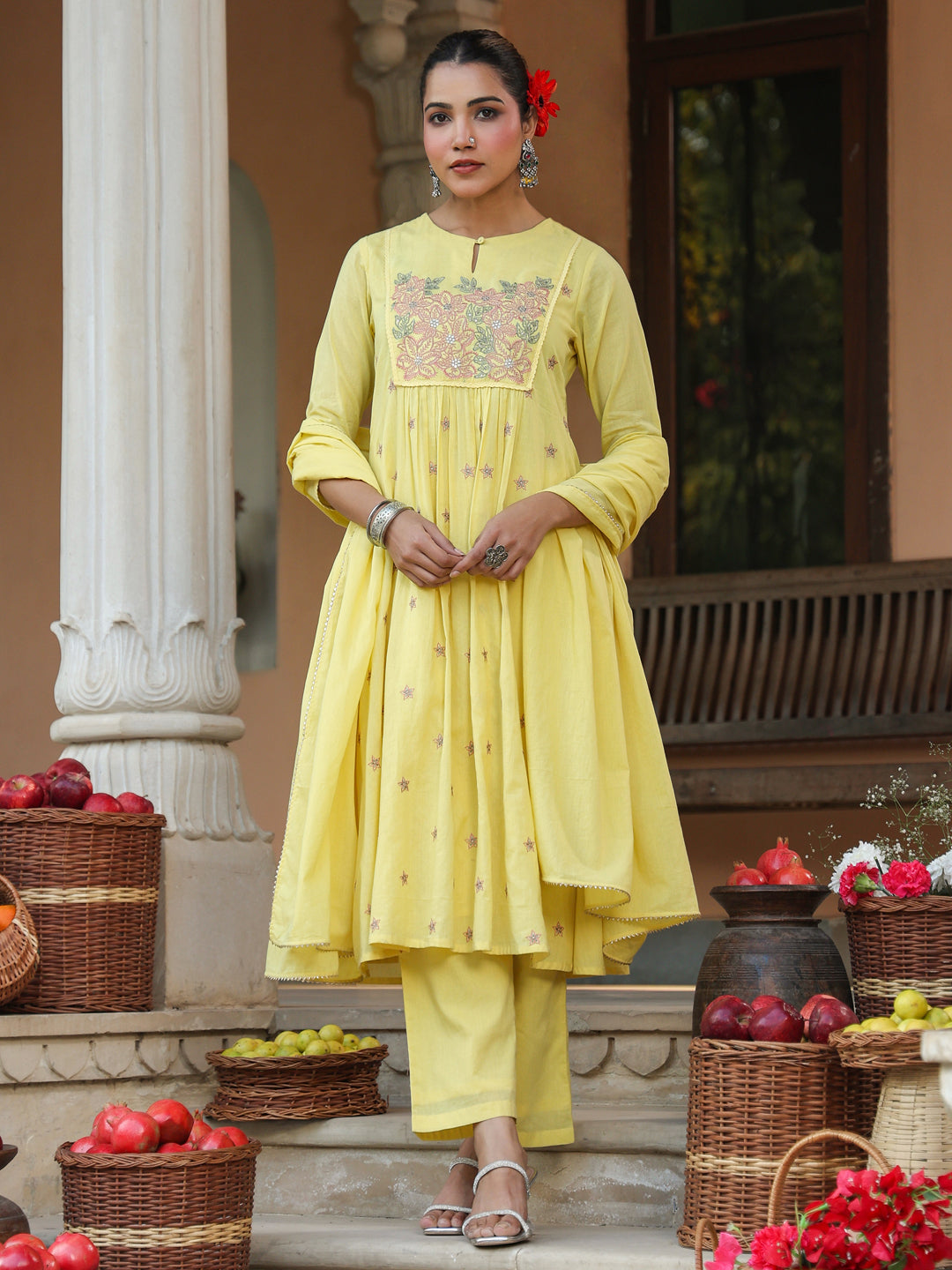 Janasya Women's Yellow Pure Cotton Embroidered A-line Kurta Set