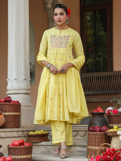 Janasya Women's Yellow Pure Cotton Embroidered A-line Kurta Set