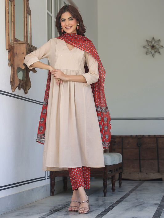 Beige Pure Cotton Floral Printed A-line Kurta Set