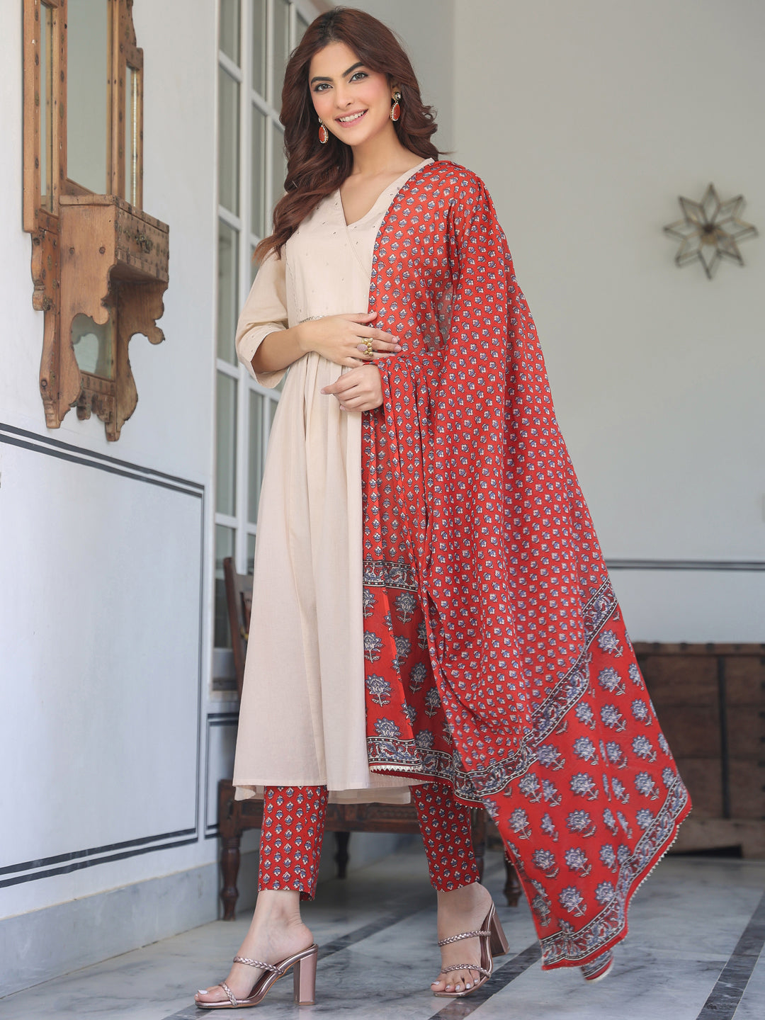Beige Pure Cotton Floral Printed A-line Kurta Set