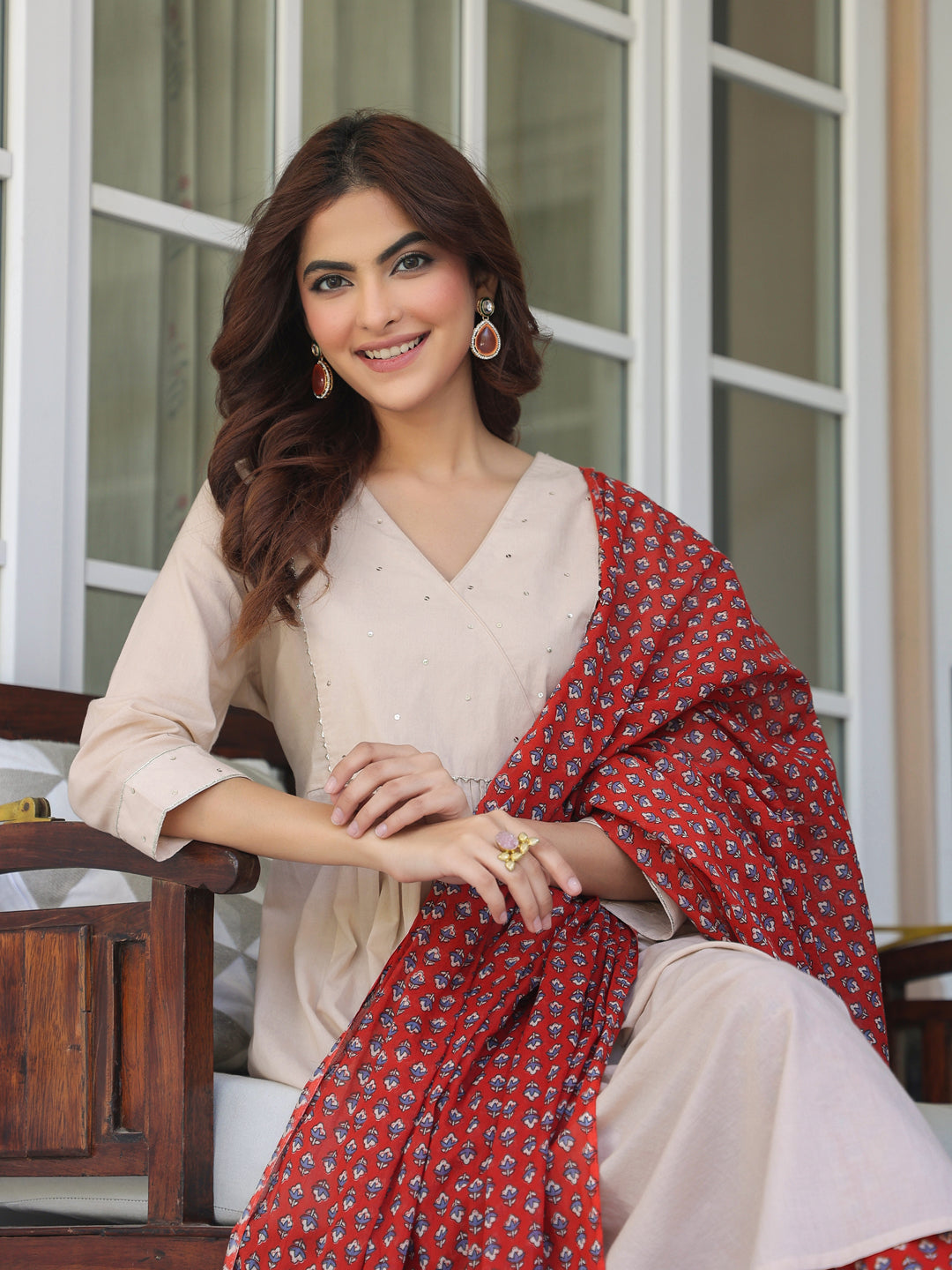 Beige Pure Cotton Floral Printed A-line Kurta Set