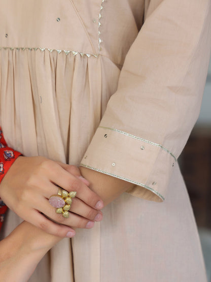 Beige Pure Cotton Floral Printed A-line Kurta Set