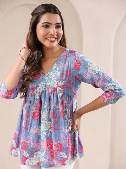 Janasya Women's Blue Pure Cotton Floral Printed A-line Top
