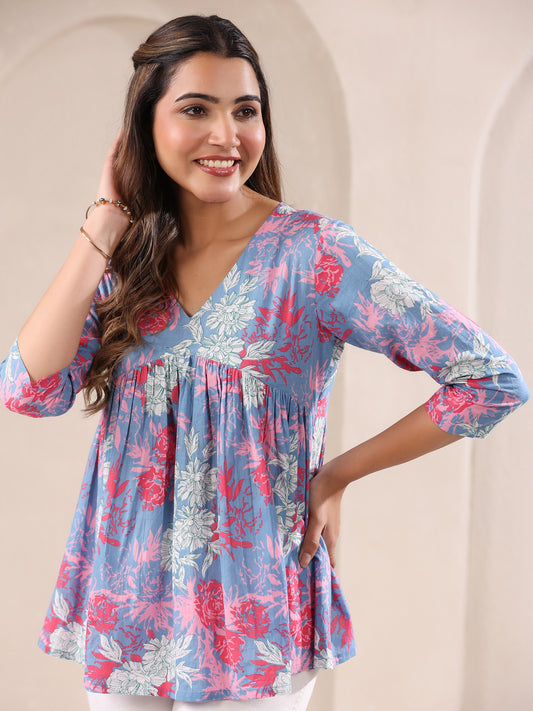 Janasya Women's Blue Pure Cotton Floral Printed A-line Top
