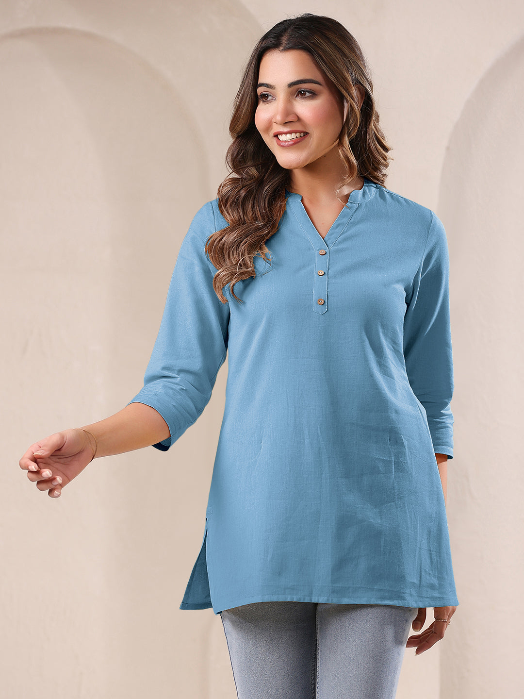 Light Blue Cotton Blend Solid A-line Top