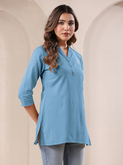 Light Blue Cotton Blend Solid A-line Top