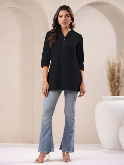 Black Cotton Blend Solid A-line Top