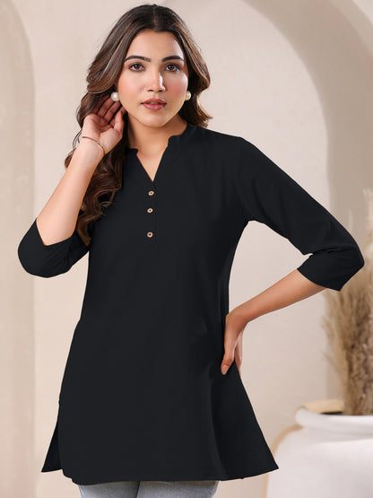 Black Cotton Blend Solid A-line Top