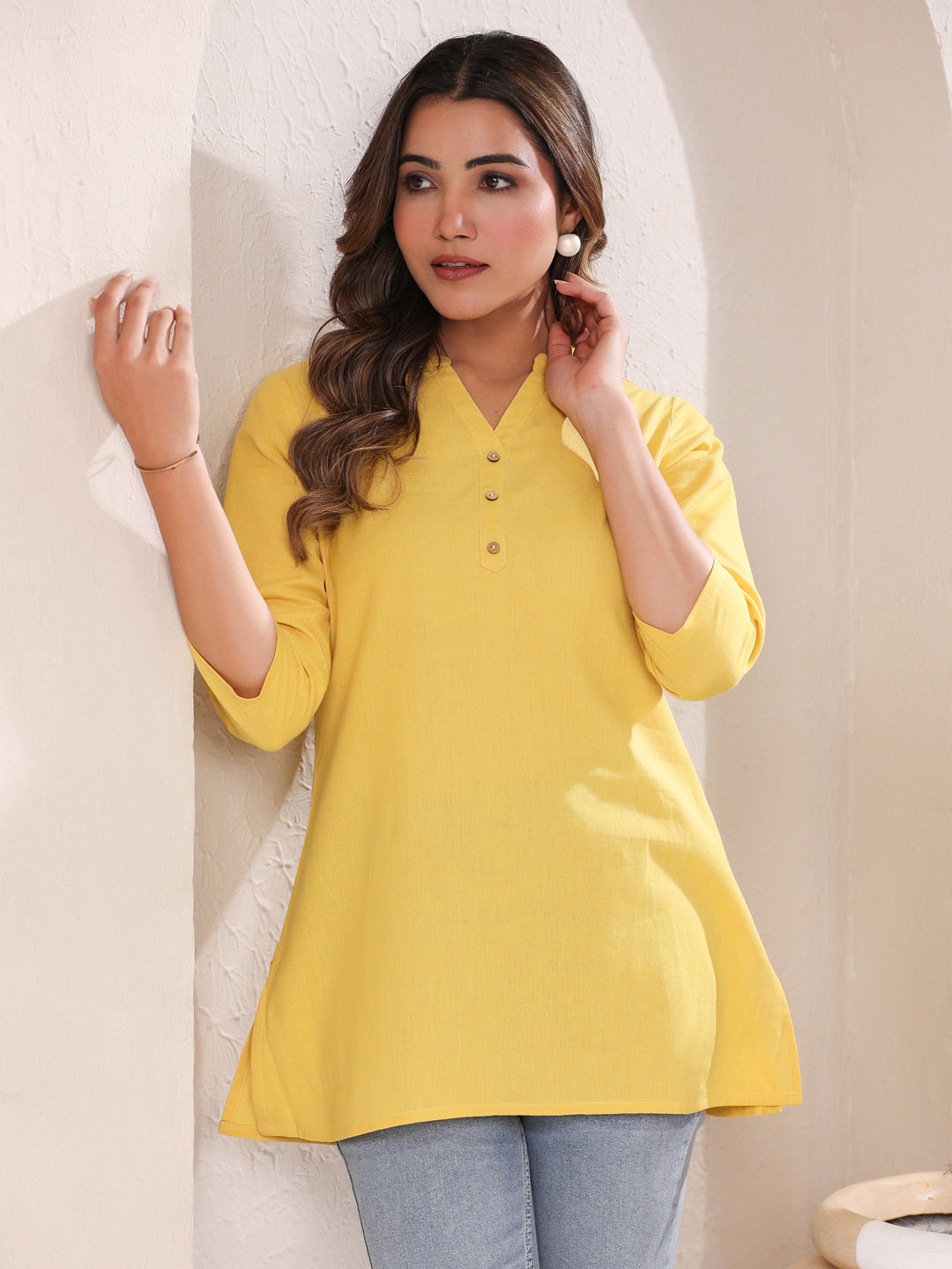Yellow Cotton Blend Solid A-line Top