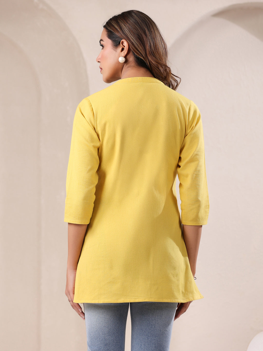 Yellow Cotton Blend Solid A-line Top
