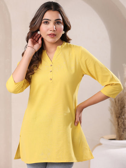 Yellow Cotton Blend Solid A-line Top