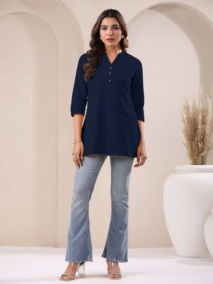 Navy Blue Cotton Solid A-line Top