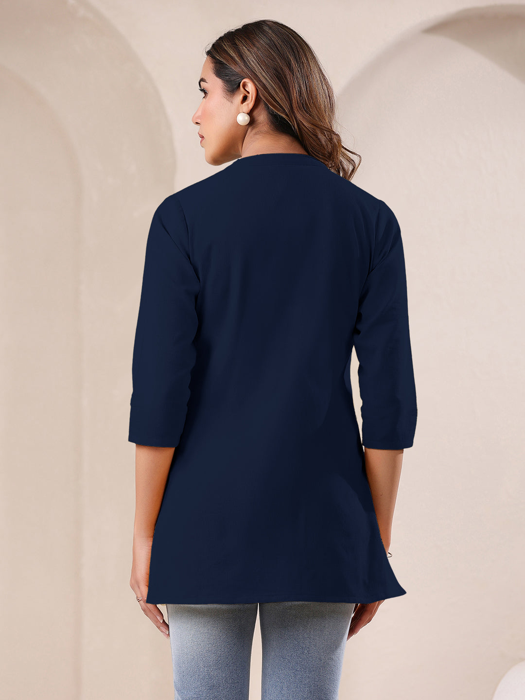 Navy Blue Cotton Solid A-line Top