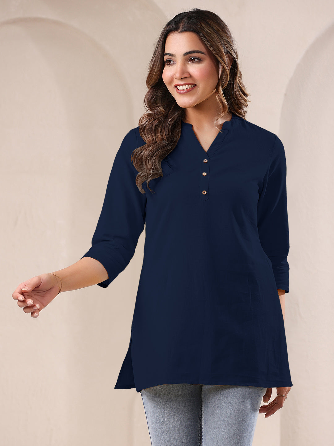 Navy Blue Cotton Solid A-line Top