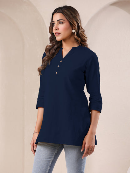 Navy Blue Cotton Solid A-line Top