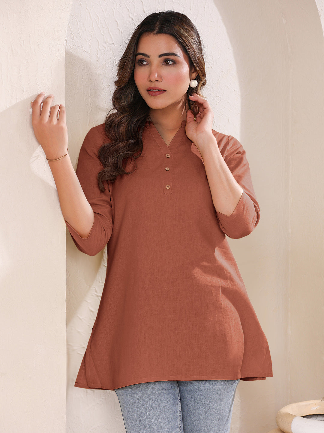 Rust Cotton Blend Solid A-line Top
