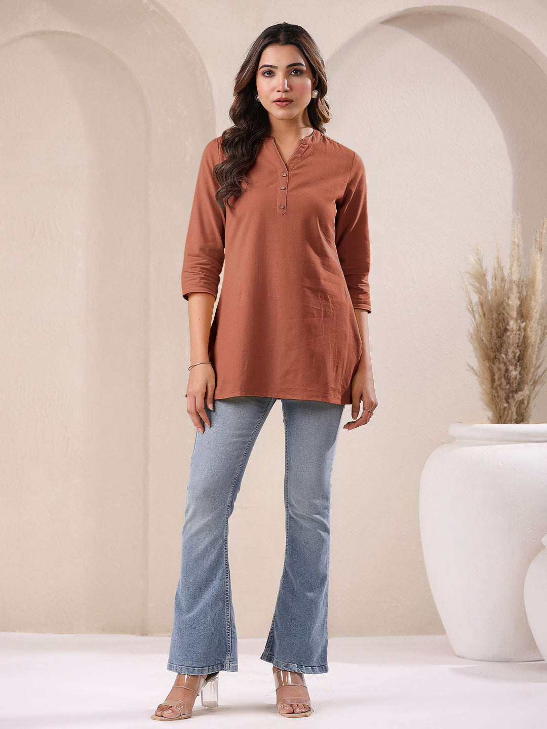 Rust Cotton Blend Solid A-line Top
