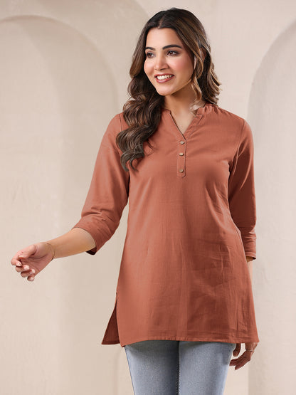 Rust Cotton Blend Solid A-line Top