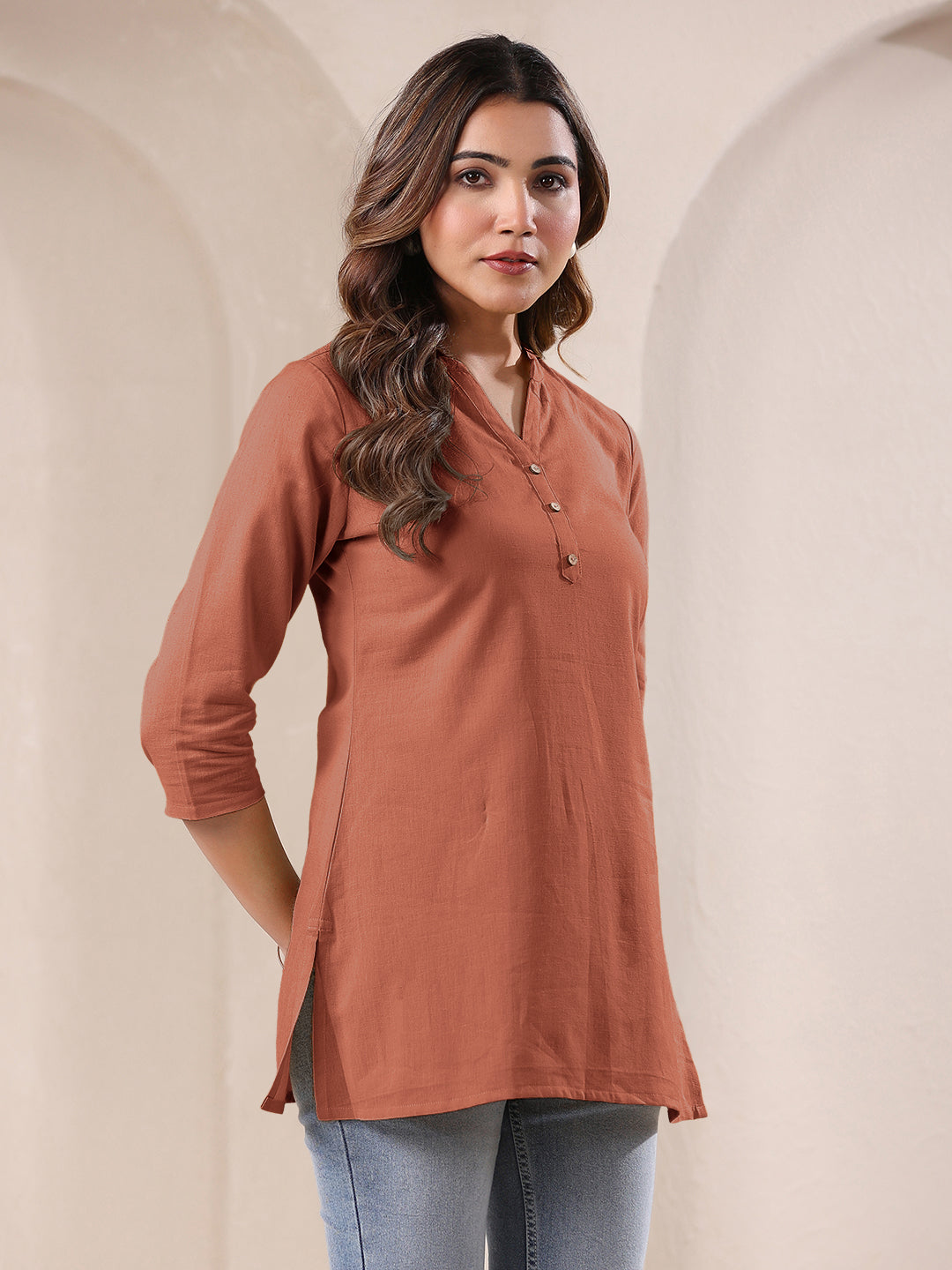 Rust Cotton Blend Solid A-line Top