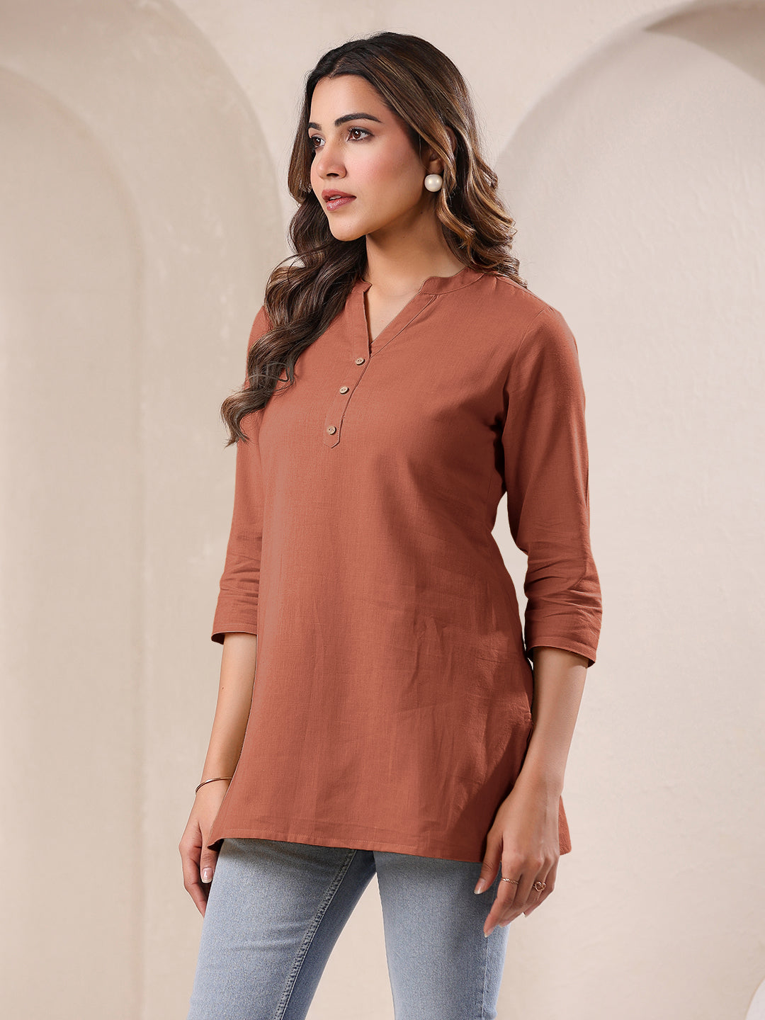 Rust Cotton Blend Solid A-line Top