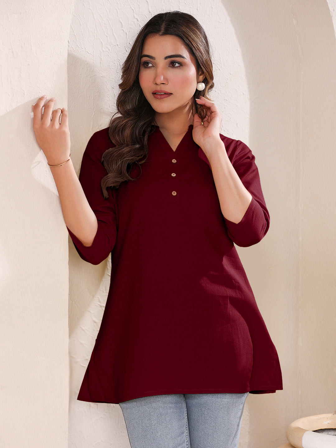 Maroon Cotton Blend Solid A-line Top
